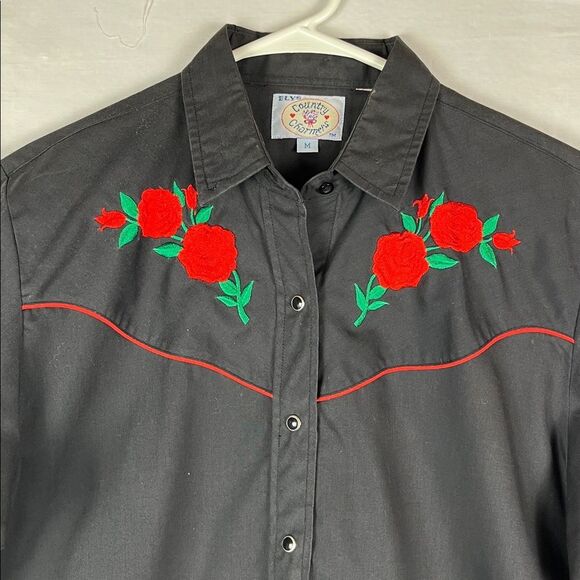 Vintage Ely Country Charmers Embroidered Black and Red Roses Cowgirl Pearl Snap - Picture 2 of 8